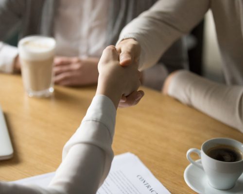 Couple handshaking businesswoman making investment deal in cafe, clients customers agree to sign contract shaking hands with mortgage insurance broker, estate agent or lawyer, close up view